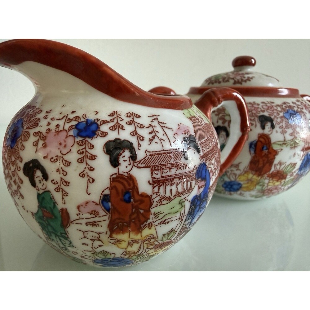Vintage 1950s Japan Kutani Geisha Ware Sugar Bowl Creamer Porcelain Set